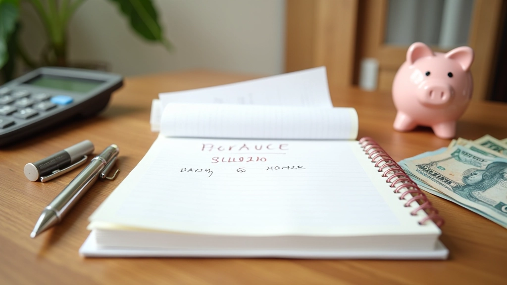Notebook with handwritten savings goals, piggy bank, and financial planning notes on wooden desk