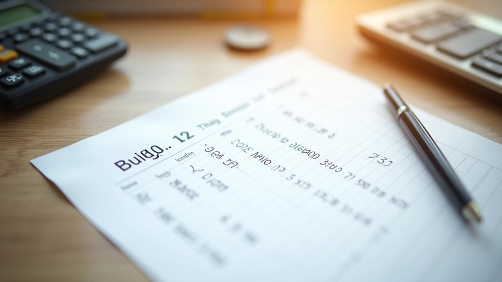 Handwritten budget planning on paper with HKD amounts written in different categories, pen and calculator on desk, organized financial planning setup
