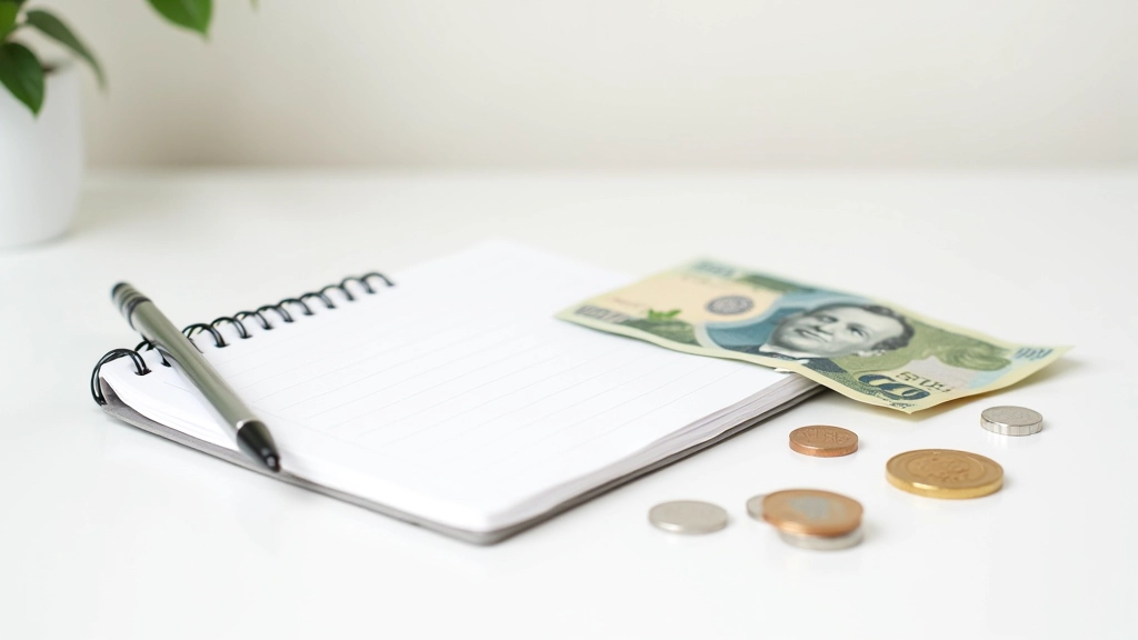 Stack of Hong Kong dollar notes arranged neatly with coins and savings tracker notebook showing progress marks