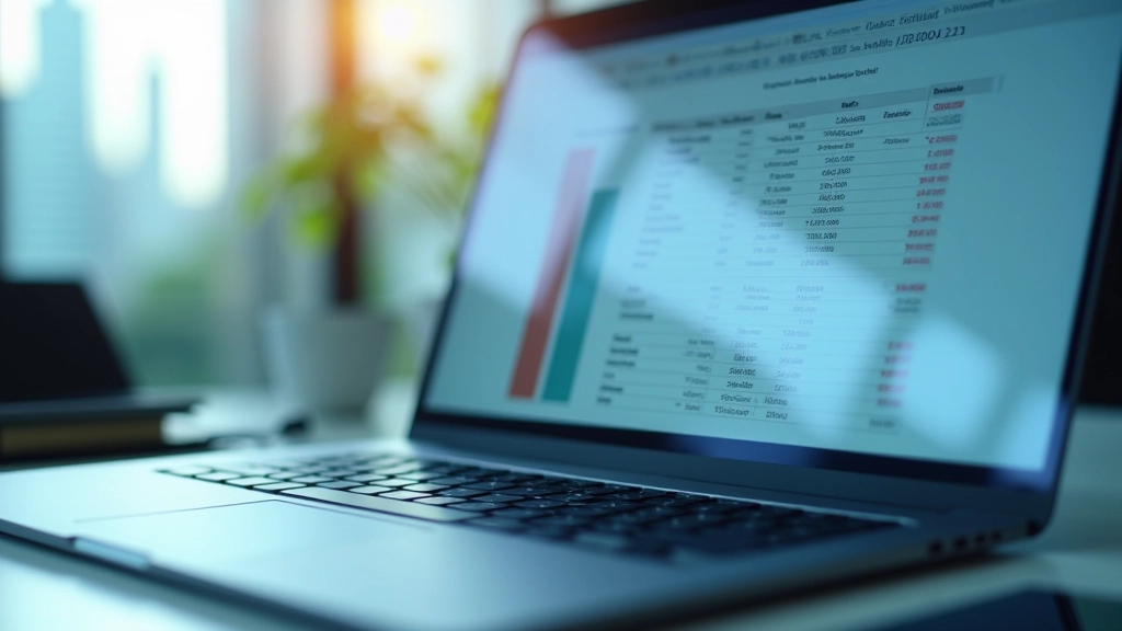 Laptop showing budget tracking spreadsheet with multiple tabs and charts, organized workspace with financial documents