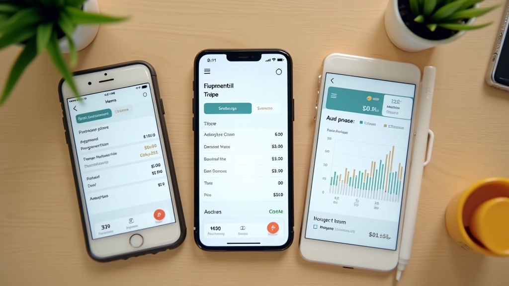 Comparison of expense tracking app interfaces on multiple devices showing different budget categories, spending charts, and monthly summaries side by side