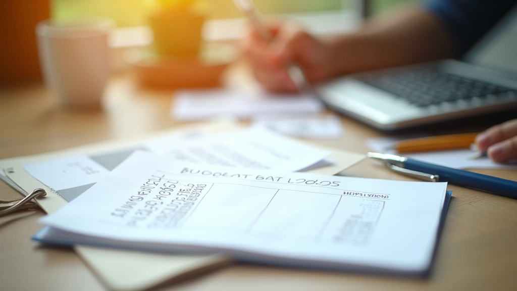 Notebook with handwritten budget figures and calculator on wooden desk with morning light
