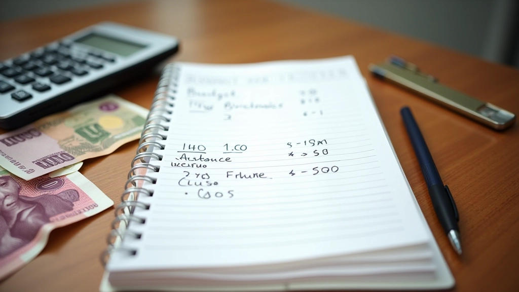 Notebook with handwritten budget notes, calculator, and HKD notes on wooden desk