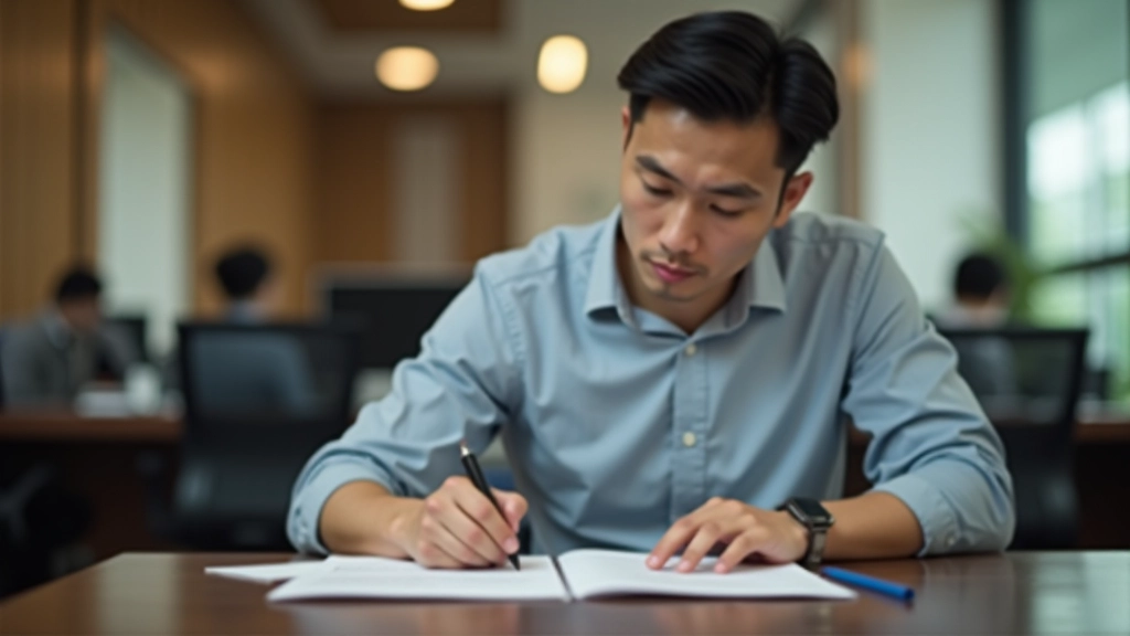 Person at desk reviewing budget spreadsheet with coffee and notebook, focused workspace with natural lighting