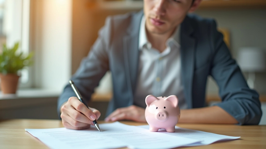 Person sitting at desk reviewing savings goals written on paper with piggy bank